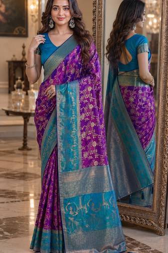 Purple soft silk blend banarasi jacuard work festive saree with unstitched blouse piece