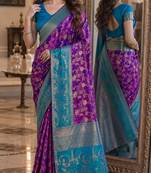Purple soft silk blend banarasi jacuard work festive saree with unstitched blouse piece