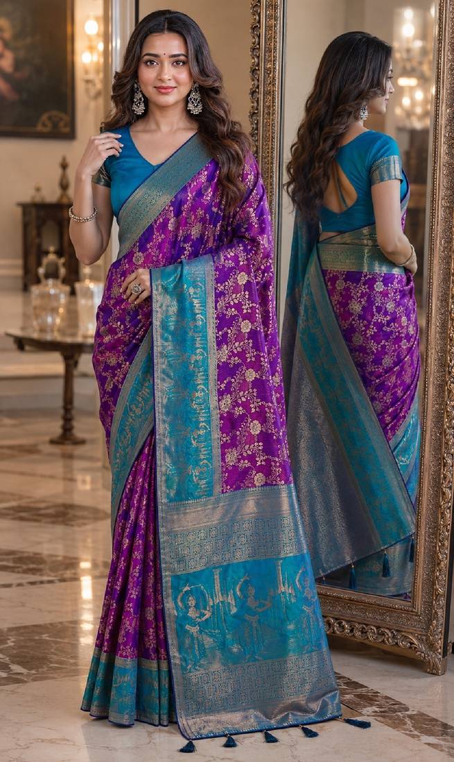 Purple soft silk blend banarasi jacuard work festive saree with unstitched blouse piece
