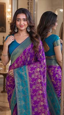 Purple soft silk blend banarasi jacuard work festive saree with unstitched blouse piece 2
