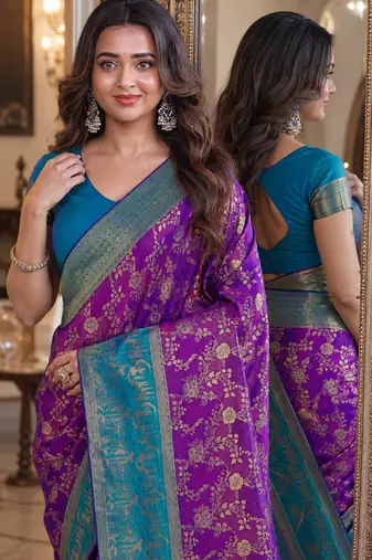 Purple soft silk blend banarasi jacuard work festive saree with unstitched blouse piece