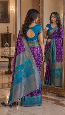 Purple soft silk blend banarasi jacuard work festive saree with unstitched blouse piece 3