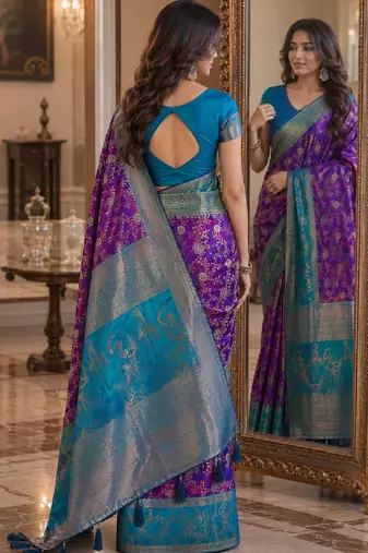Purple soft silk blend banarasi jacuard work festive saree with unstitched blouse piece