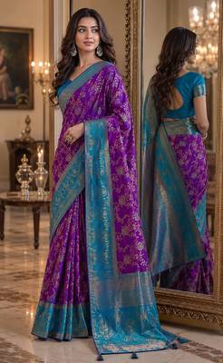 Purple soft silk blend banarasi jacuard work festive saree with unstitched blouse piece 4