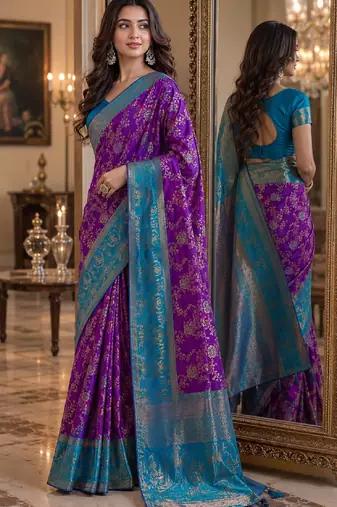 Purple soft silk blend banarasi jacuard work festive saree with unstitched blouse piece