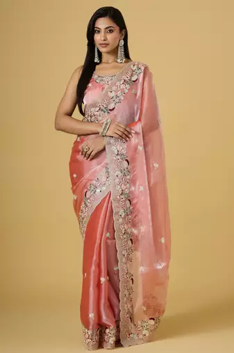 gajri color smart tissue fabric sequins work smart bollywood saree