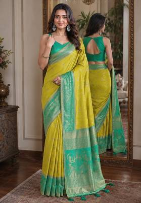 Parrot green soft silk blend banarasi jacuard work festive saree with unstitched blouse piece 1