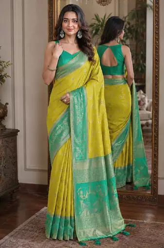 Parrot green soft silk blend banarasi jacuard work festive saree with unstitched blouse piece