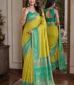 Parrot green soft silk blend banarasi jacuard work festive saree with unstitched blouse piece