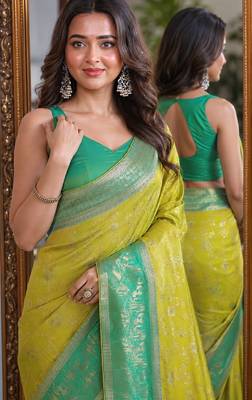 Parrot green soft silk blend banarasi jacuard work festive saree with unstitched blouse piece 2