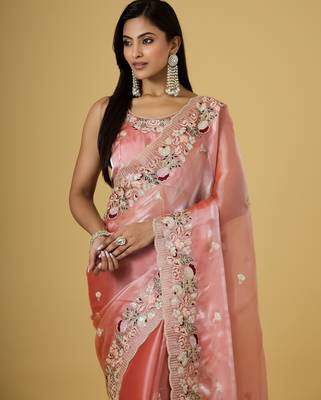 gajri color smart tissue fabric sequins work smart bollywood saree 3