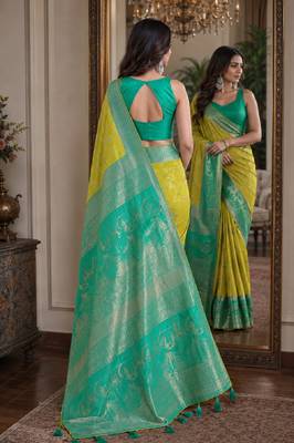 Parrot green soft silk blend banarasi jacuard work festive saree with unstitched blouse piece 3