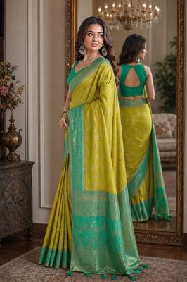Parrot green soft silk blend banarasi jacuard work festive saree with unstitched blouse piece 4