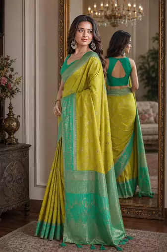 Parrot green soft silk blend banarasi jacuard work festive saree with unstitched blouse piece