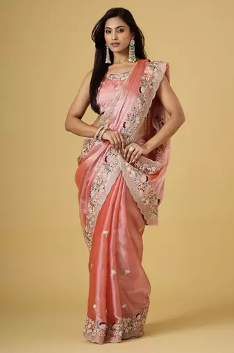 gajri color smart tissue fabric sequins work smart bollywood saree