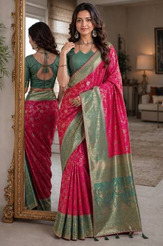 Pink soft silk blend banarasi jacuard work festive saree with unstitched blouse piece