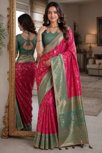 Pink soft silk blend banarasi jacuard work festive saree with unstitched blouse piece