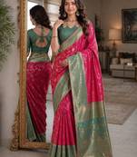 Pink soft silk blend banarasi jacuard work festive saree with unstitched blouse piece