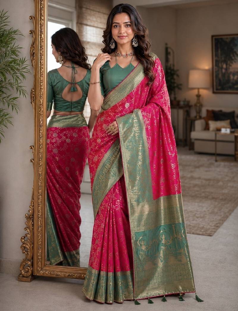 Pink soft silk blend banarasi jacuard work festive saree with unstitched blouse piece