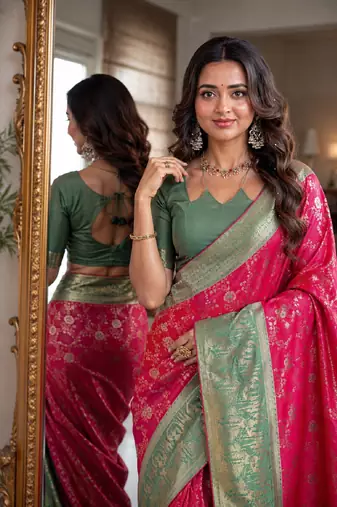 Pink soft silk blend banarasi jacuard work festive saree with unstitched blouse piece