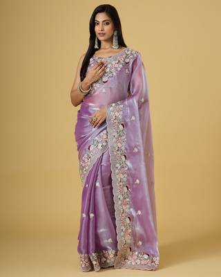 purple color smart tissue fabric sequins work smart bollywood saree 1