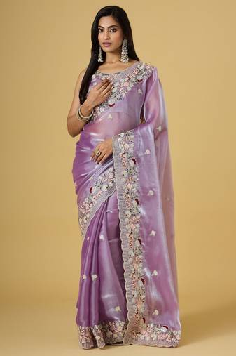 purple color smart tissue fabric sequins work smart bollywood saree