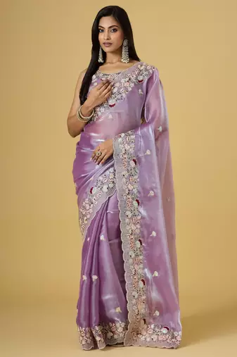 purple color smart tissue fabric sequins work smart bollywood saree