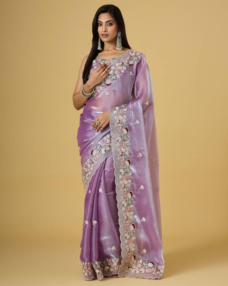 purple color smart tissue fabric sequins work smart bollywood saree