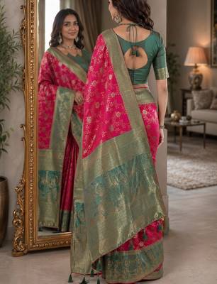 Pink soft silk blend banarasi jacuard work festive saree with unstitched blouse piece 3