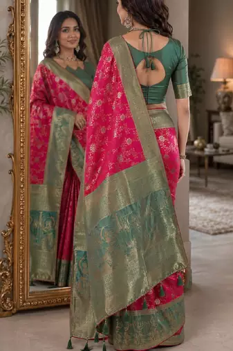 Pink soft silk blend banarasi jacuard work festive saree with unstitched blouse piece