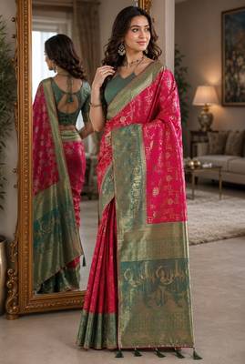 Pink soft silk blend banarasi jacuard work festive saree with unstitched blouse piece 4