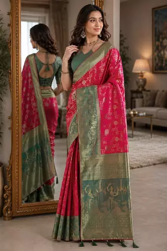 Pink soft silk blend banarasi jacuard work festive saree with unstitched blouse piece