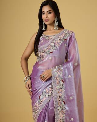 purple color smart tissue fabric sequins work smart bollywood saree 3