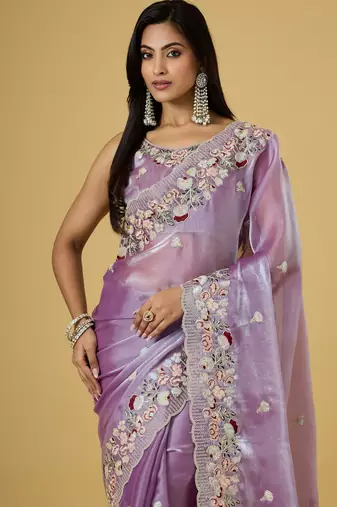 purple color smart tissue fabric sequins work smart bollywood saree