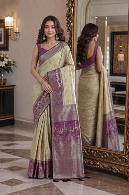 Cream soft silk blend banarasi jacuard work festive saree with unstitched blouse piece 1