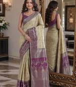 Cream soft silk blend banarasi jacuard work festive saree with unstitched blouse piece