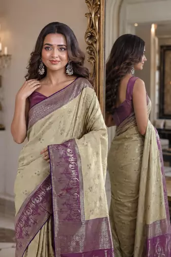 Cream soft silk blend banarasi jacuard work festive saree with unstitched blouse piece