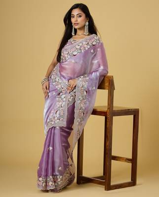 purple color smart tissue fabric sequins work smart bollywood saree 4