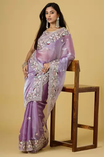 purple color smart tissue fabric sequins work smart bollywood saree