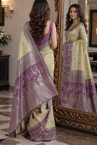 Cream soft silk blend banarasi jacuard work festive saree with unstitched blouse piece