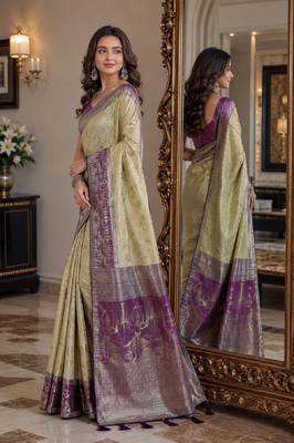 Cream soft silk blend banarasi jacuard work festive saree with unstitched blouse piece 4