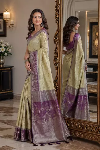 Cream soft silk blend banarasi jacuard work festive saree with unstitched blouse piece