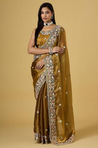 gold color smart tissue fabric sequins work smart bollywood saree