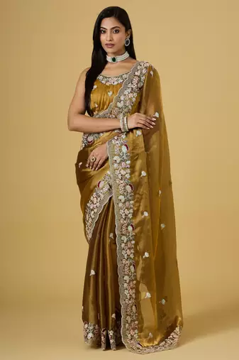 gold color smart tissue fabric sequins work smart bollywood saree