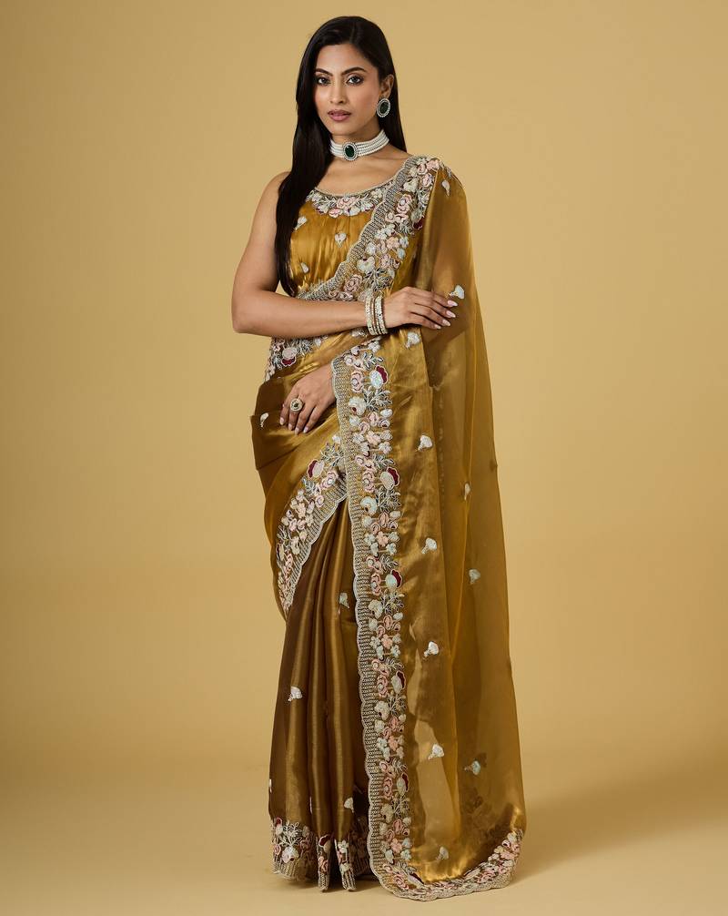 gold color smart tissue fabric sequins work smart bollywood saree