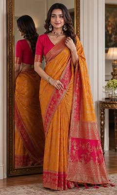 Masturd yellow soft silk blend banarasi jacuard work festive saree with unstitched blouse piece 1