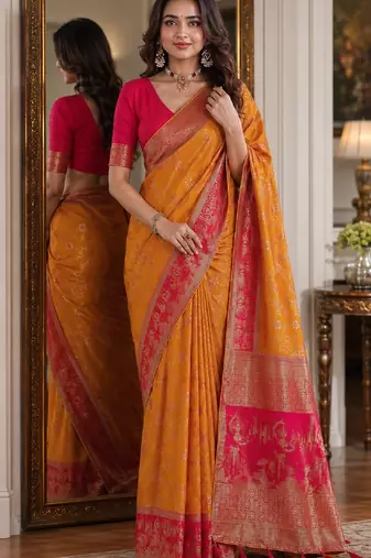 Masturd yellow soft silk blend banarasi jacuard work festive saree with unstitched blouse piece