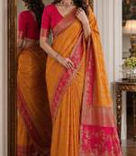 Masturd yellow soft silk blend banarasi jacuard work festive saree with unstitched blouse piece