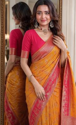 Masturd yellow soft silk blend banarasi jacuard work festive saree with unstitched blouse piece 2