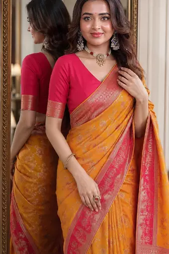 Masturd yellow soft silk blend banarasi jacuard work festive saree with unstitched blouse piece